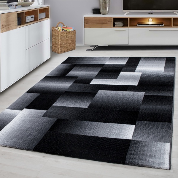 Kurzflor Teppich Schwarz Grau Geometrische Muster Wohnzimmer Schlafzimmer Esszimmer